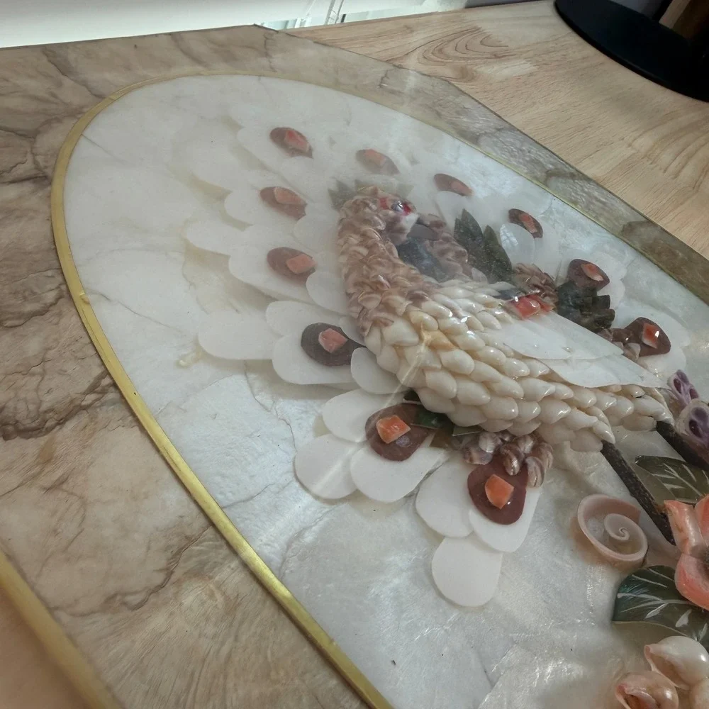 Vintage Mother of Pearl Seashell Mosaic Art Floral Peafowl Classic Wall Plaque